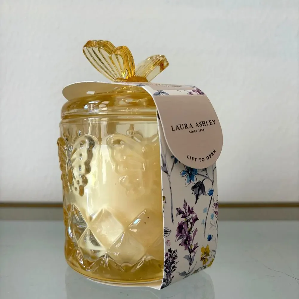 Laura Ashley BUTTERFY MEADOW Soy Blend Candle in Decorative Yellow Jar w/ Lid